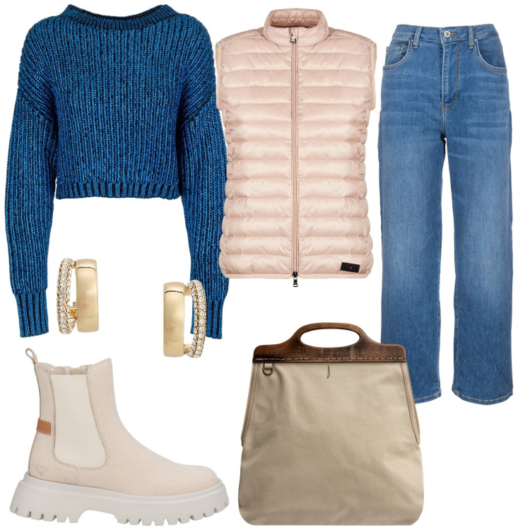 Outfit donna - Bantoa mid season. Stile Basic per Tutti i giorni. Abbinamento con stivaletti, maglieria, jeans, orecchini, piumini, borse a tracolla.