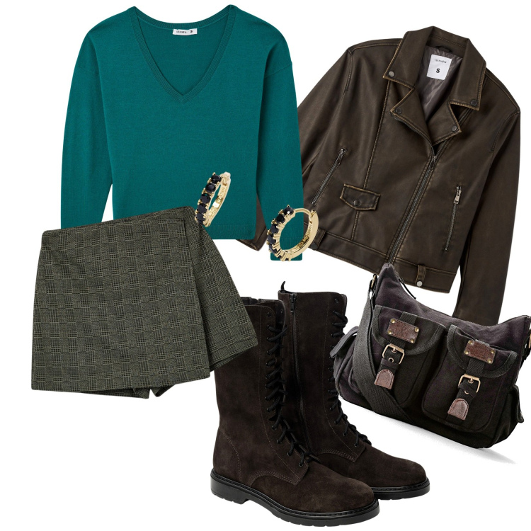 Outfit donna - Total look #1980210. Stile Casual chic per Tutti i giorni. look ideale per Petite. Abbinamento con borse a tracolla, minigonne, maglieria, giacche, orecchini, stivaletti.