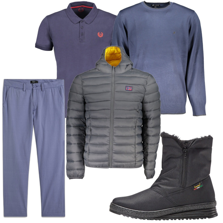 Outfit uomo - Only blue. Stile Trendy per Tutti i giorni. Abbinamento con stivali e stivaletti, pantaloni chino, maglieria, polo, giacche.