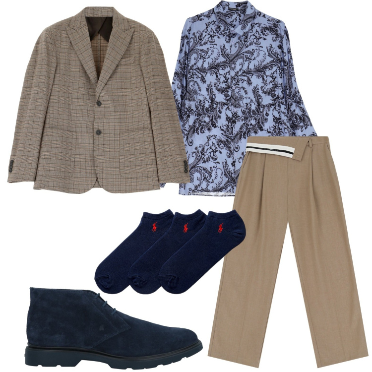 Outfit uomo - La camicia con stampa. Stile Trendy per Ufficio. Abbinamento con stivali e stivaletti, camicie, giacche, pantaloni a palazzo, calzini.