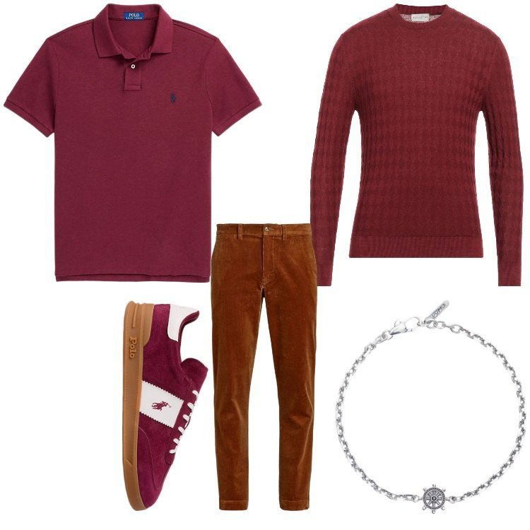 Outfit uomo - Burgundy man. Stile Casual per Tutti i giorni. Abbinamento con pullovers, braccialetti, pantaloni, sneakers, polo.