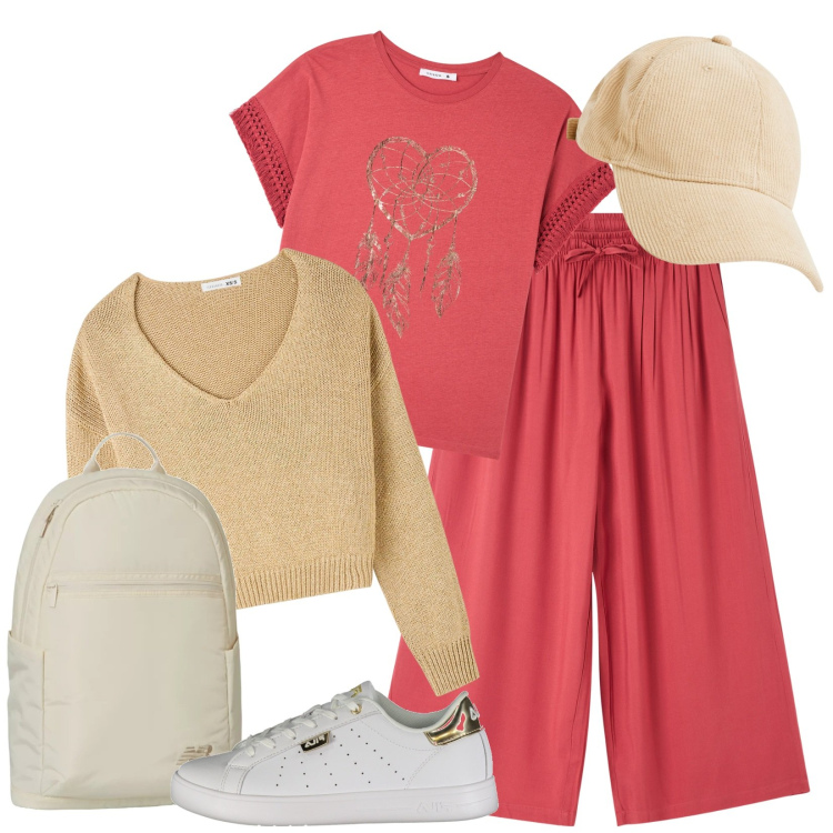 Outfit donna - Tempo libero. Stile Casual per Tutti i giorni. Abbinamento con pantaloni a palazzo, t-shirt, maglieria, cappelli con visiera, zaini, sneakers.