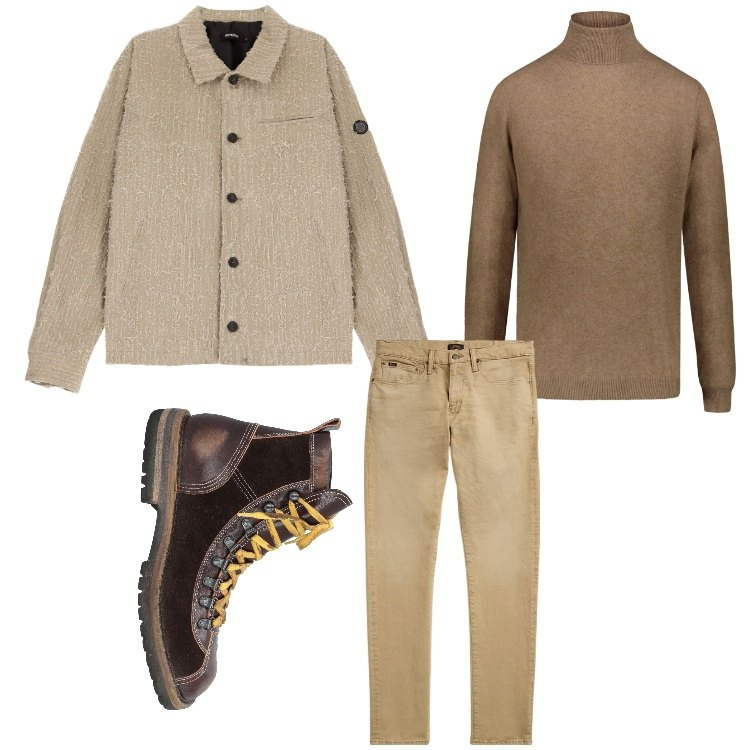Outfit uomo - Soluzione antifreddo. Stile Casual per Tutti i giorni. Abbinamento con anfibi, giacche, jeans, maglieria.