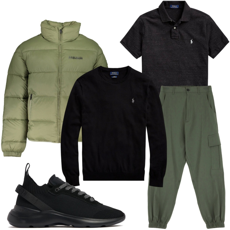 Outfit uomo - La polo nera. Stile Urban per Tutti i giorni. Abbinamento con pantaloni cargo, maglieria, polo, giacche, sneakers.