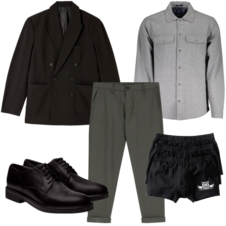 Outfit uomo - Blazer doppiopetto. Stile Trendy per Serata speciale. Abbinamento con boxer, giacche, pantaloni, scarpe stringate, camicie.