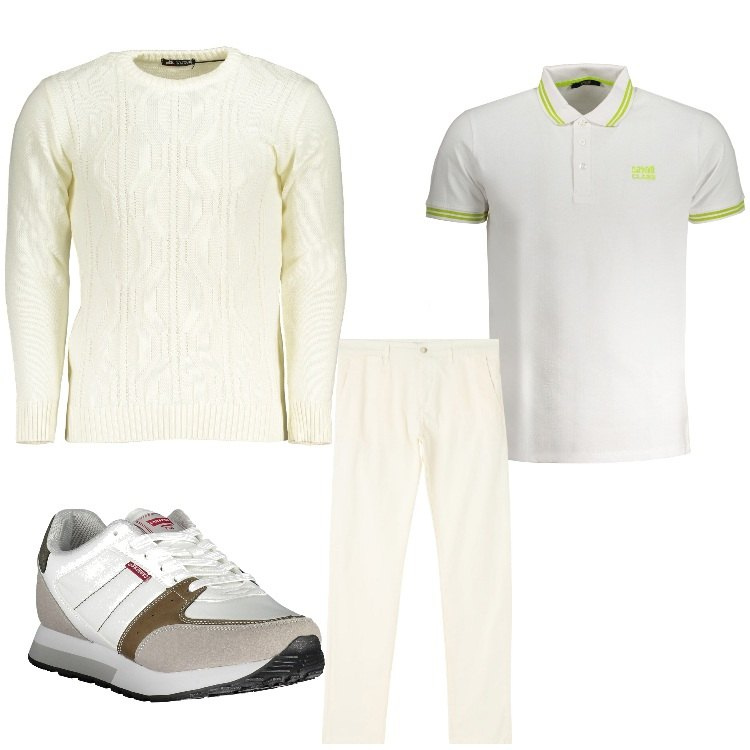 Outfit uomo - Total white. Stile Casual per Tutti i giorni. Abbinamento con pantaloni chino, maglieria, sneakers, polo.
