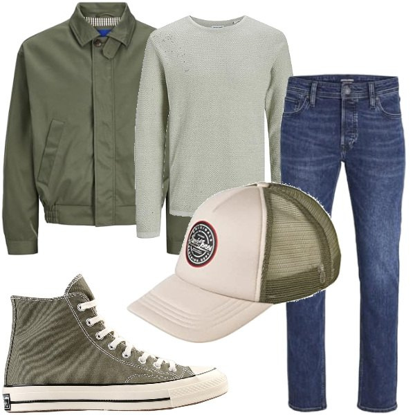 Outfit homme - octobre : un blouson kaki. Style Tendance pour Tous les jours. Assortir avec vestes, jeans, pulls, chapeaux, sneakers.