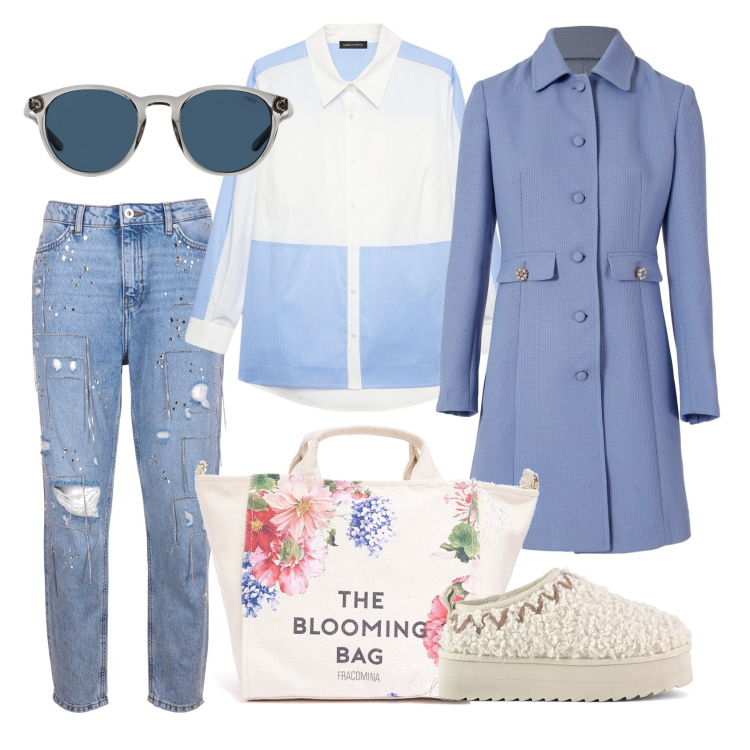 Outfit donna - Shopping primaverile. Stile Urban per Tutti i giorni. Abbinamento con trench, jeans boyfriend, borse tote, occhiali da sole, sabot, camicie.