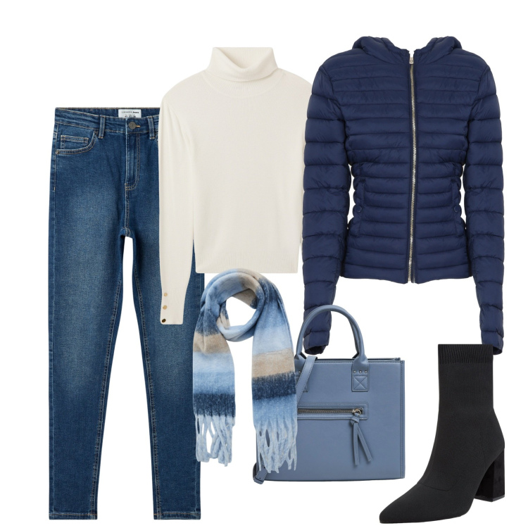 Outfit donna - Ottobre. Stile Casual chic per Tutti i giorni. Abbinamento con sciarpe, stivaletti, jeans skinny, maglieria, shopping bag, piumini.