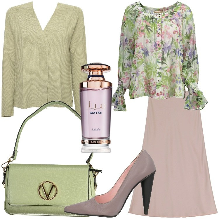 Outfit donna - Romantica e delicata. Stile Romantica per Serata fuori. Abbinamento con décolleté, profumi, gonne longuette, cardigans, camicie, borse a spalla.