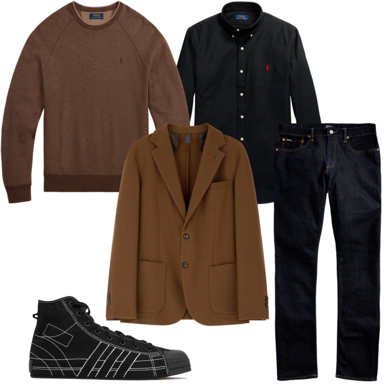 Outfit uomo - Le sneakers alte. Stile Trendy per Ufficio. Abbinamento con giacche, jeans, camicie, maglieria, sneakers alte.