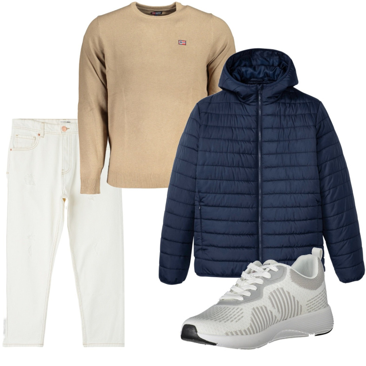 Outfit uomo - Minimal. Stile Casual per Tutti i giorni. Abbinamento con giacche, jeans strappati, maglieria, sneakers.