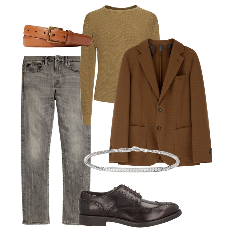 Outfit uomo - Jeans di sera. Stile Trendy per Serata speciale. Abbinamento con scarpe stringate, braccialetti, giacche, cinture, jeans, t-shirt.