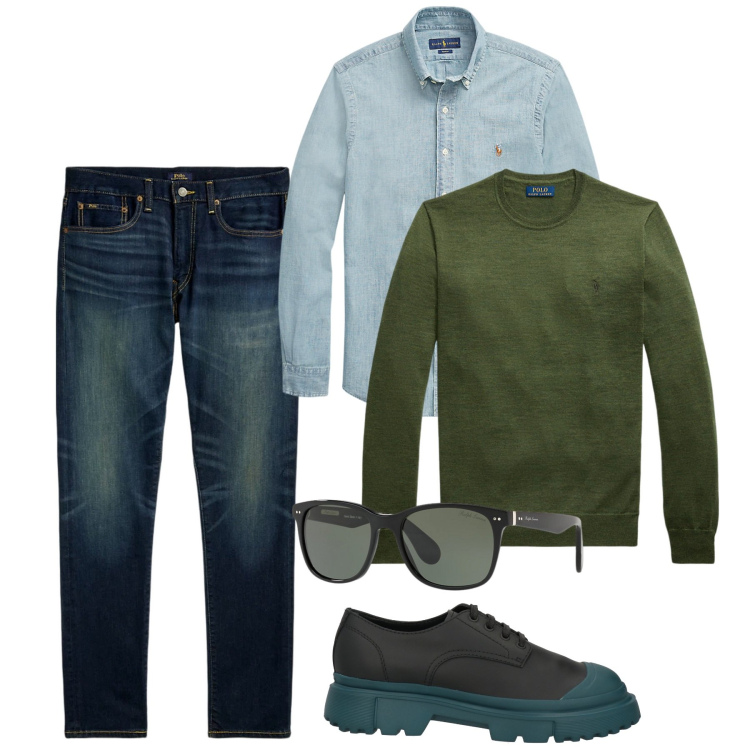 Outfit uomo - Green day. Stile Casual per Tutti i giorni. Abbinamento con scarpe stringate, jeans, maglieria, camicie, occhiali da sole.