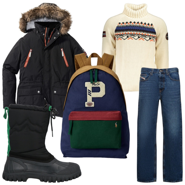 Outfit uomo - Pronto per la montagna. Stile Casual per Sport. Abbinamento con parka, stivali, borse sportive, jeans dritti, maglieria.