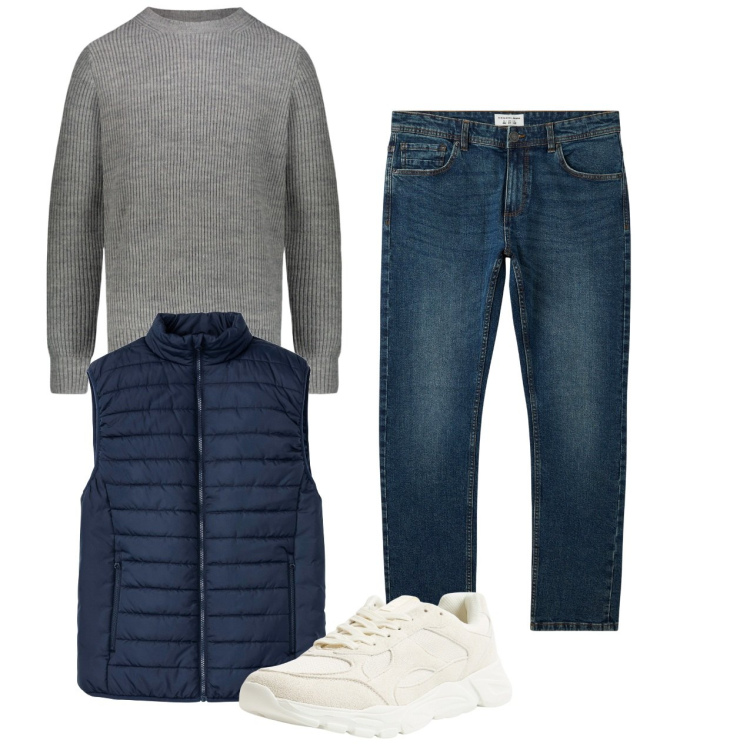 Outfit uomo - Molto basic. Stile Casual per Tutti i giorni. Abbinamento con gilet, jeans, sneakers, maglieria.