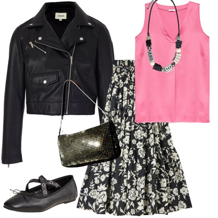 Outfit donna - Glam rock style. Stile Rock per Serata fuori. Abbinamento con gonne lunghe, ballerine, borse a spalla, blazer, top, collane.