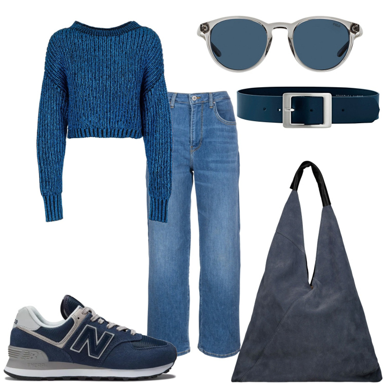 Outfit donna - Città. Stile Casual per Tutti i giorni. Abbinamento con cinture, sneakers, maglieria, jeans, occhiali da sole, borse a spalla.