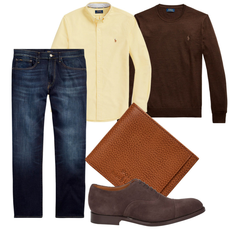 Outfit uomo - Il pull moka. Stile Casual per Tutti i giorni. Abbinamento con scarpe stringate, jeans dritti, camicie, portafogli, maglieria.