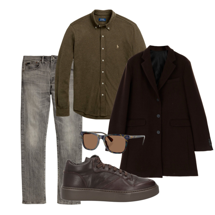 Outfit uomo - Il cappotto sui jeans. Stile Urban per Tutti i giorni. Abbinamento con sneakers alte, cappotti, camicie, jeans, occhiali da sole.