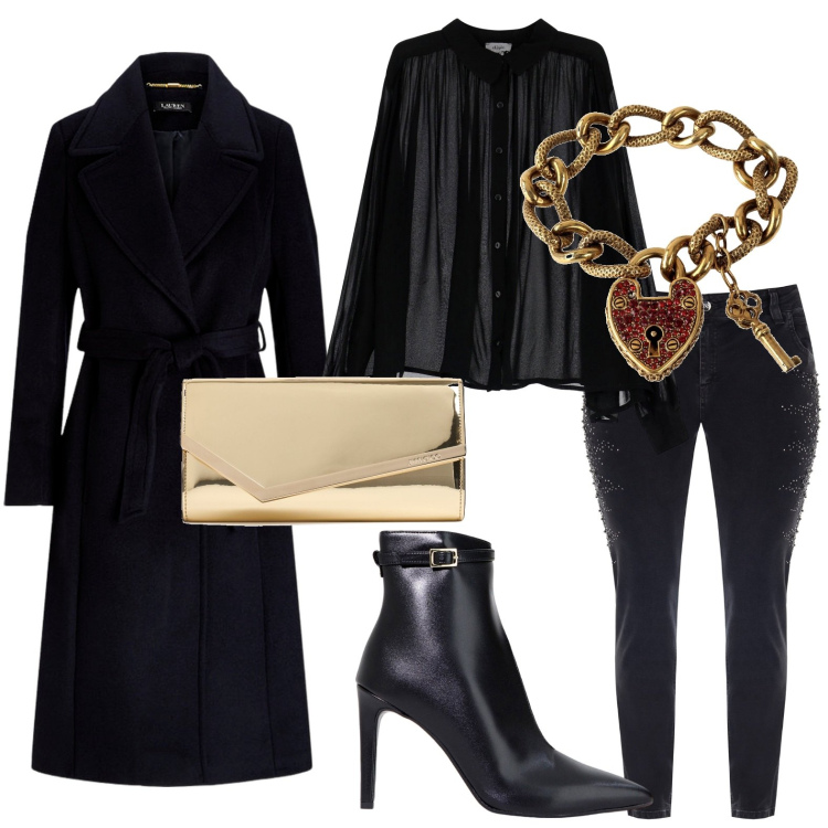 Outfit donna - L\'immancabile nero. Stile Glamour per Serata fuori. Abbinamento con braccialetti, jeans dritti, stivaletti, camicie, cappotti, pochette.