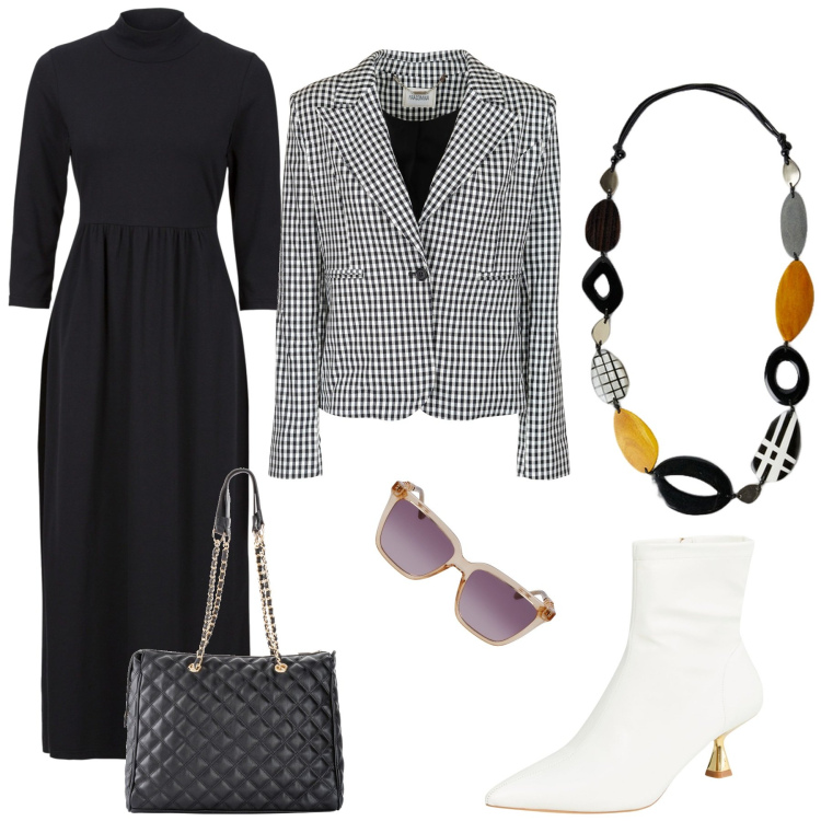 Outfit donna - Aperitivo tra amici. Stile Casual chic per Tutti i giorni. Abbinamento con shopping bag, vestiti midi/longuette, stivaletti, blazer, collane, occhiali da sole.