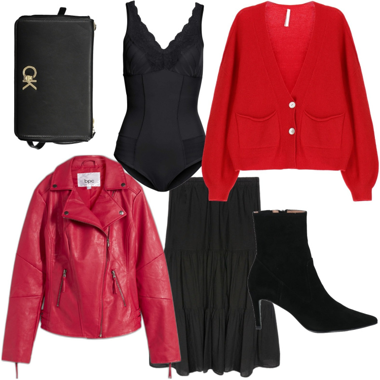 Outfit donna - Il chiodo ti fa volare. Stile Chic per Serata fuori. Abbinamento con body, blazer, stivaletti, cardigans, gonne lunghe, borse a tracolla.