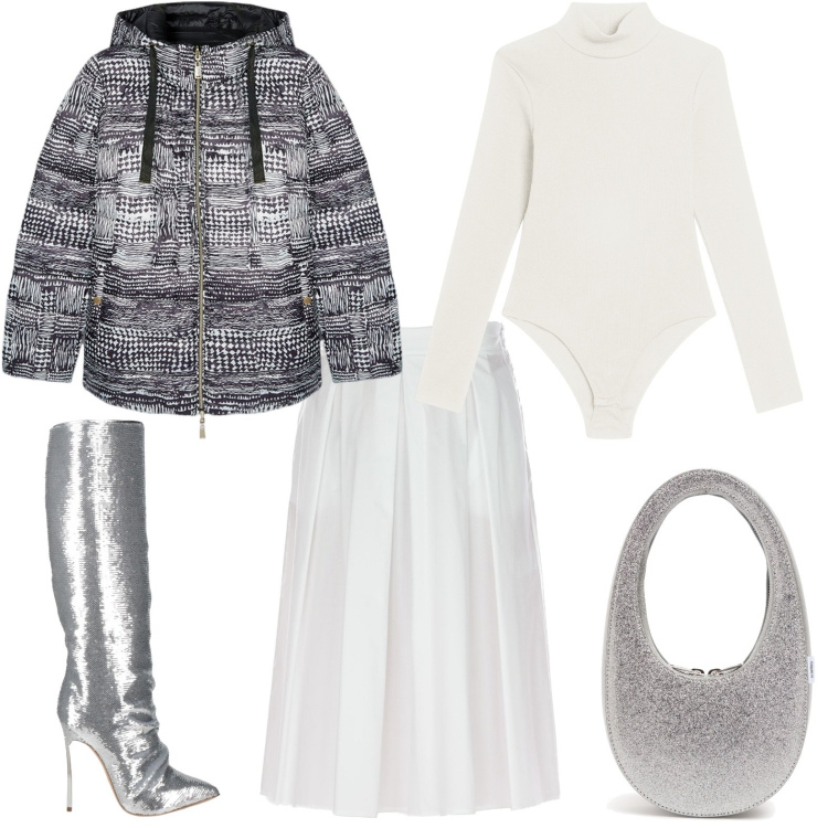 Outfit donna - Hand bag. Stile Chic per Serata fuori. Abbinamento con stivali, body, borse a mano, piumini, gonne longuette.
