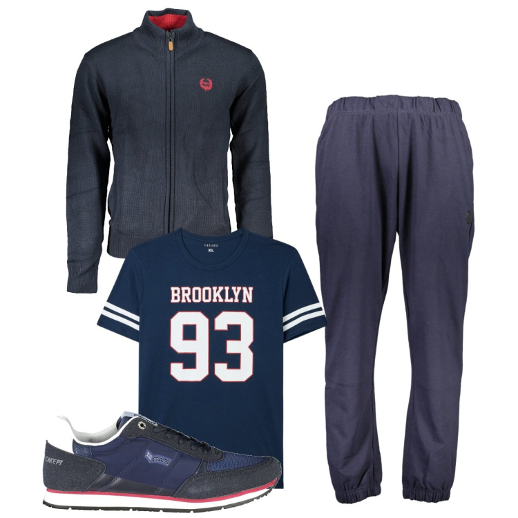 Outfit uomo - Il momento dello sport. Stile Urban per Sport. Abbinamento con t-shirt, cardigans, sneakers, pantaloni.