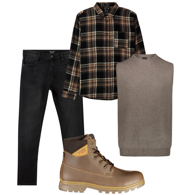 Outfit uomo - Pomeriggio libero. Stile Trendy per Tutti i giorni. Abbinamento con jeans skinny, camicie, gilet, stivali.
