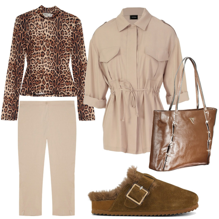 Outfit donna - La borsa pratica. Stile Trendy per Ufficio. Abbinamento con blazer, maglieria, sabot, borse a spalla, pantaloni.