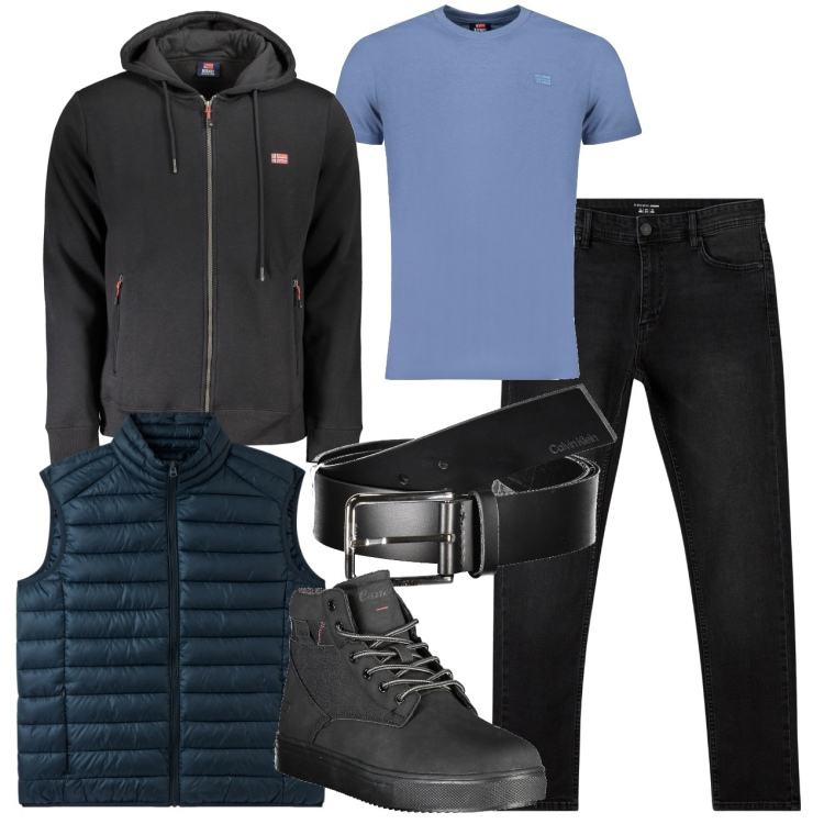 Outfit uomo - Autunno inoltrato. Stile Urban per Tutti i giorni. Abbinamento con jeans skinny, gilet, felpe con cappuccio, stivali, cinture, t-shirt.