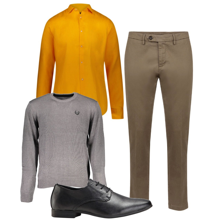 Outfit uomo - La camicia color curry. Stile Casual per Ufficio. Abbinamento con scarpe stringate, pantaloni chino, camicie, maglieria.