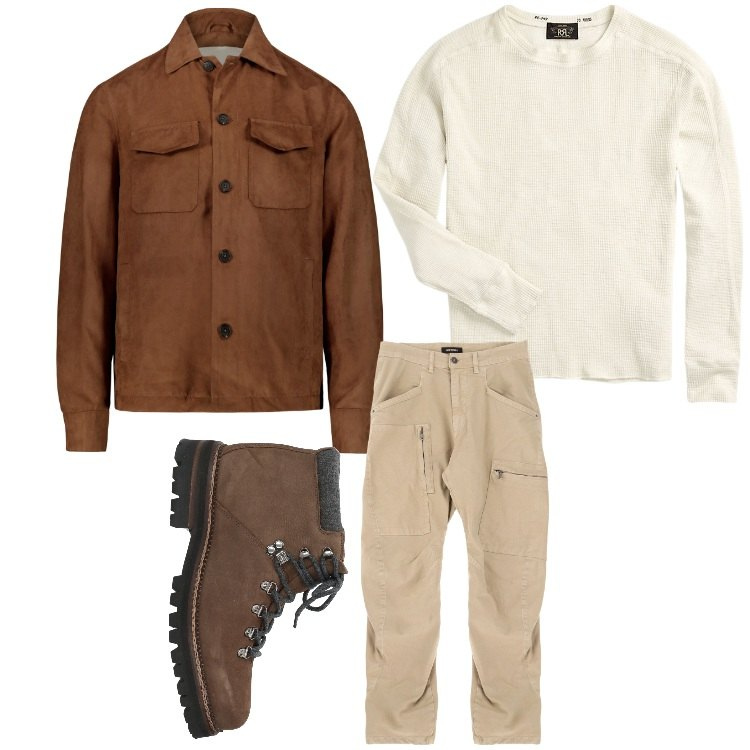 Outfit uomo - In marrone. Stile Casual per Tutti i giorni. Abbinamento con stivali e stivaletti, pantaloni cargo, maglieria, giacche.