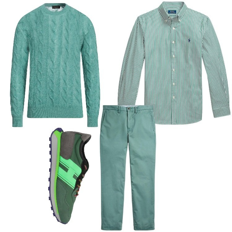Outfit uomo - Il colore dell´acqua. Stile Casual per Tutti i giorni. Abbinamento con sneakers, pullovers, pantaloni, camicie.