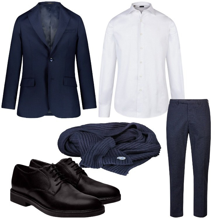 Outfit uomo - Elegante. Stile Business/Elegante per Ufficio. Abbinamento con pantaloni, scarpe stringate, camicie, giacche, sciarpe.