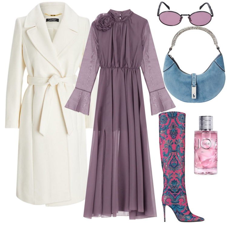 Outfit donna - Rendez-vous). Stile Romantica per Tutti i giorni. Abbinamento con profumi, stivali, cappotti, borse a spalla, vestiti lunghi, occhiali da sole.