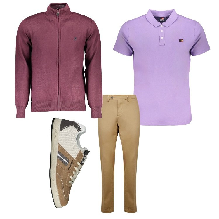 Outfit uomo - Color del vino. Stile Casual per Tutti i giorni. Abbinamento con pantaloni chino, cardigans, polo, sneakers.