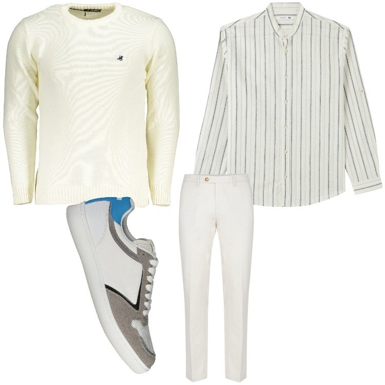 Outfit uomo - Bianco e righe. Stile Casual per Tutti i giorni. Abbinamento con camicie, pantaloni chino, sneakers, maglieria.
