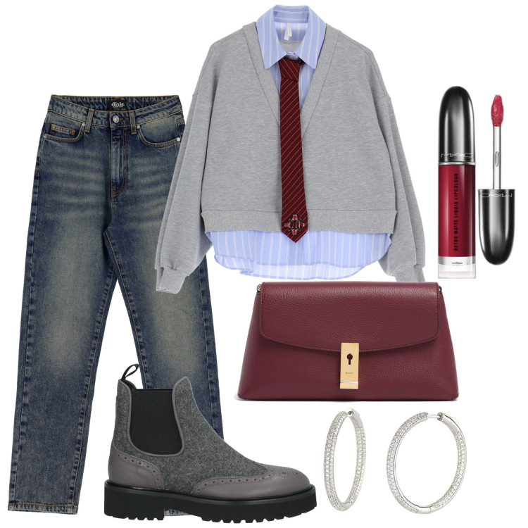 Outfit donna - Cravatta e pull. Stile Mannish per Ufficio. Abbinamento con stivaletti chelsea, rossetti, orecchini, felpe, jeans, pochette.