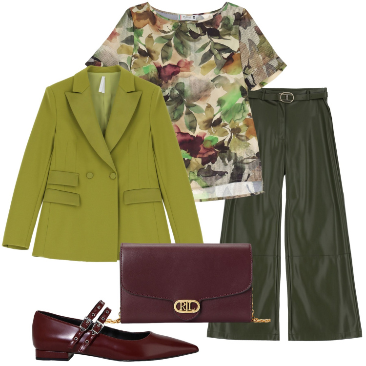 Outfit donna - Pantalone in ecopelle verde oliva. Stile Casual chic per Serata fuori. Abbinamento con t-shirt, pantaloni, blazer, ballerine, borse a tracolla.