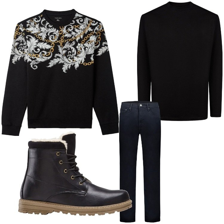 Outfit uomo - Il pullover ricamato. Stile Casual per Tutti i giorni. Abbinamento con stivali e stivaletti, felpe, pantaloni, t-shirt.