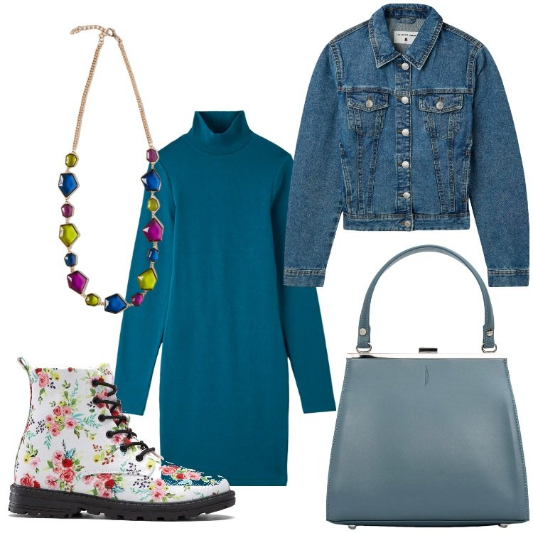 Outfit donna - Fiori in autunno. Stile Casual chic per Ufficio. Abbinamento con stivaletti, blazer, vestiti, collane, clutch.