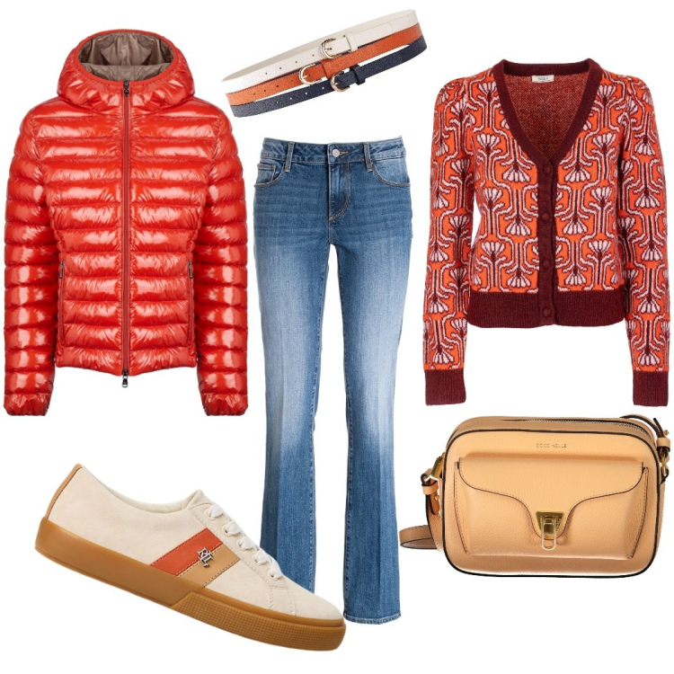 Outfit donna - Dinamico arancione. per Tutti i giorni. Abbinamento con cinture, cardigans, jeans bootcut, sneakers, blazer, borse a tracolla.