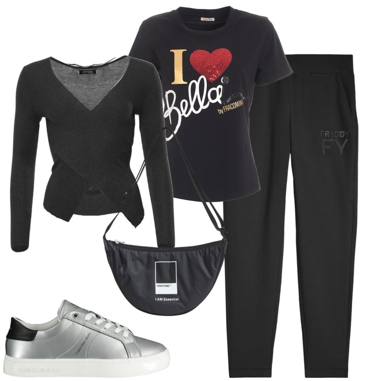 Outfit donna - Un caffè dopo la.palestrq. Stile Casual per Tutti i giorni. Abbinamento con marsupi, maglieria, t-shirt, pantaloni, sneakers.