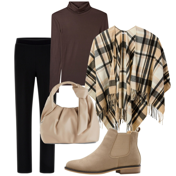 Outfit donna - Mantella tartan. Stile Bon Ton per Ufficio. Abbinamento con stivaletti chelsea, borse a mano, cappe, maglieria, pantaloni.