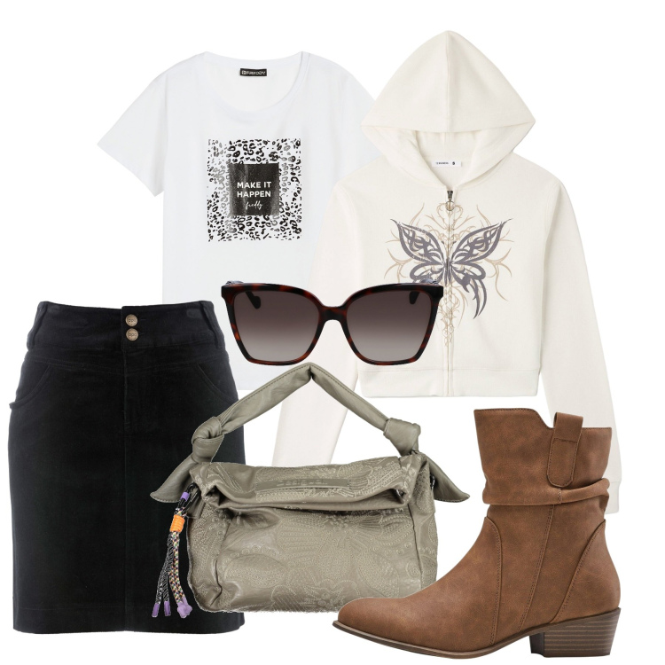 Outfit donna - Felpa e cappuccio. Stile Urban per Tutti i giorni. Abbinamento con gonne lunghe, stivaletti texani, felpe con cappuccio, t-shirt, occhiali da sole, borse a spalla.