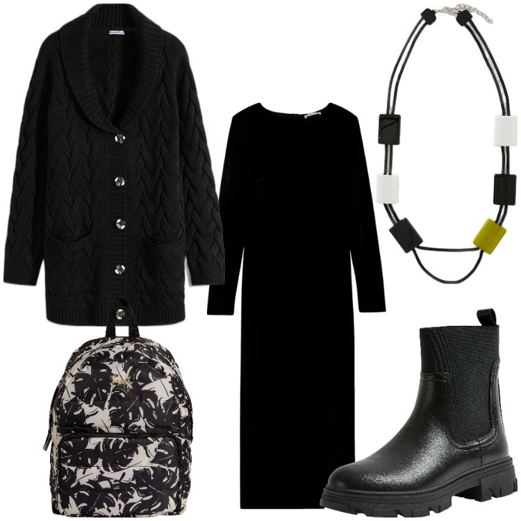 Outfit donna - In nero. Stile Casual chic per Ufficio. Abbinamento con cardigans, vestiti lunghi, stivaletti chelsea, zaini, collane.