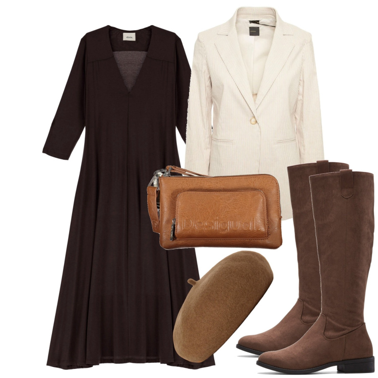 Outfit donna - Caffè bollente. Stile Bon Ton per Tutti i giorni. Abbinamento con stivali, vestiti lunghi, cappelli e berretti, blazer, borse a tracolla.
