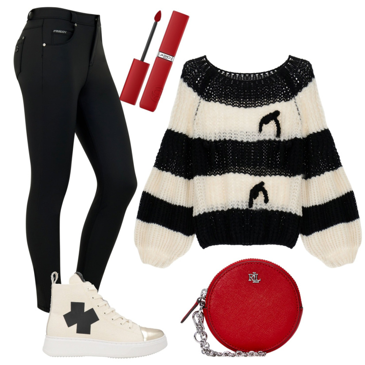 Outfit donna - Red lip. Stile Sporty chic per Tutti i giorni. Abbinamento con sneakers alte, rossetti, maglieria, pantaloni skinny, pochette.